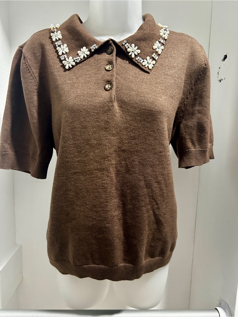 Astr short sleeve faux pearl beaded collar XL